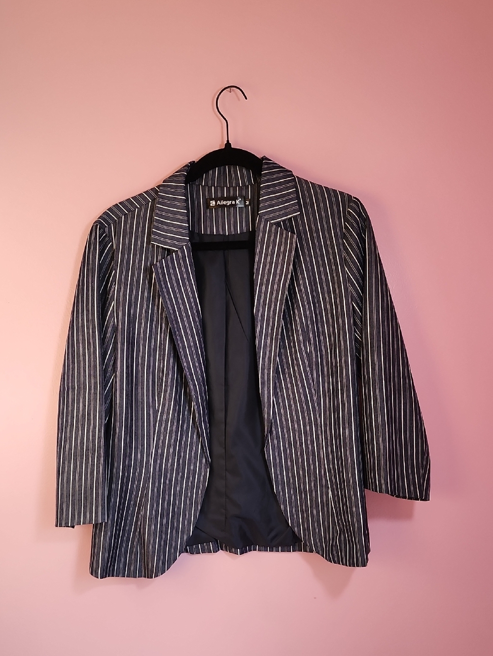 Allegra K Navy and White Pinstripe Open-Front Blazer